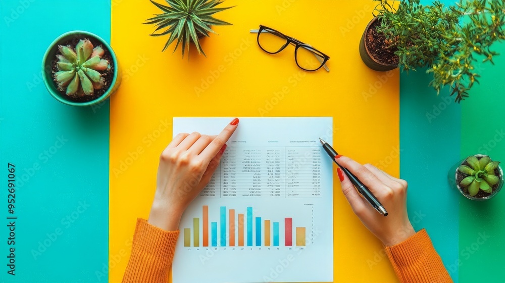 Aufkleber analyzing data on a vibrant desk: a woman's hands point out key data points on a colorful chart, sur