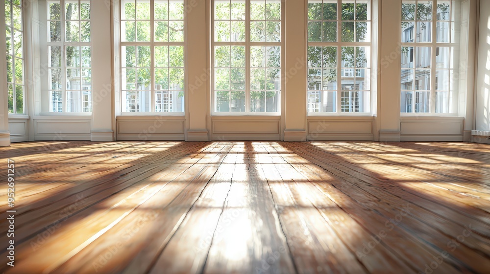 Aufkleber a spacious room is illuminated by sunlight filtering through large, tall windows. wooden floors enha
