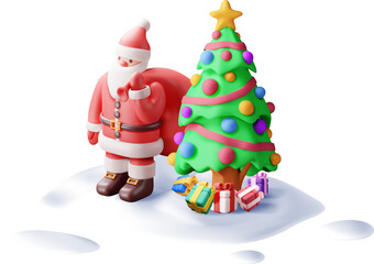 3D santa claus with gift bag and christmas tree