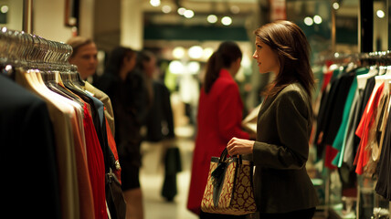 a high-end fashion store's Black Friday sale with well-dressed shoppers browsing through racks of designer clothing, their eyes sparkling as they find luxurious items at unbeatable prices