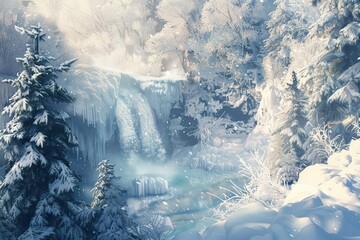 Fototapeta premium A serene winter landscape featuring a frozen waterfall surrounded by snow-covered trees and a gentle mist in the air.