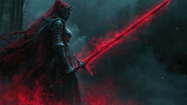 A female character of a dark warrior with a dramatic red aura sword background wallpaper AI generated image