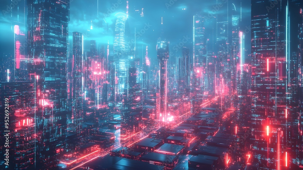 Poster futuristic fintech landscape with ai powered automated systems and holographic interfaces
