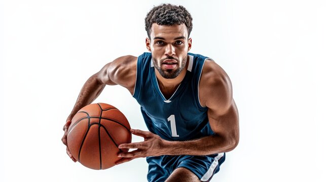 Focused on the Game: A determined basketball player in a blue jersey, dribbling with intensity, his eyes locked on the court, ready to take on any challenge. The image radiates athleticism, focus, and