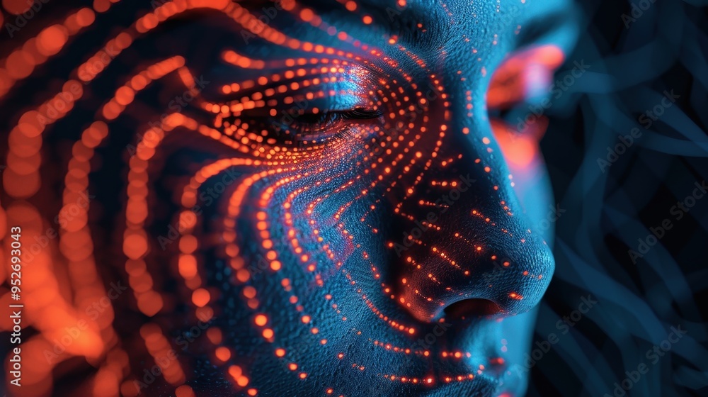 Poster bright blue and orange lights swirl around a woman's face, highlighting her features and creating an