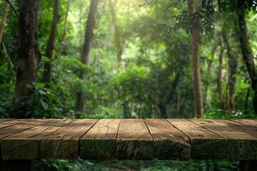 A serene wooden table in a lush green forest, perfect for showcasing nature's beauty and tranquility.