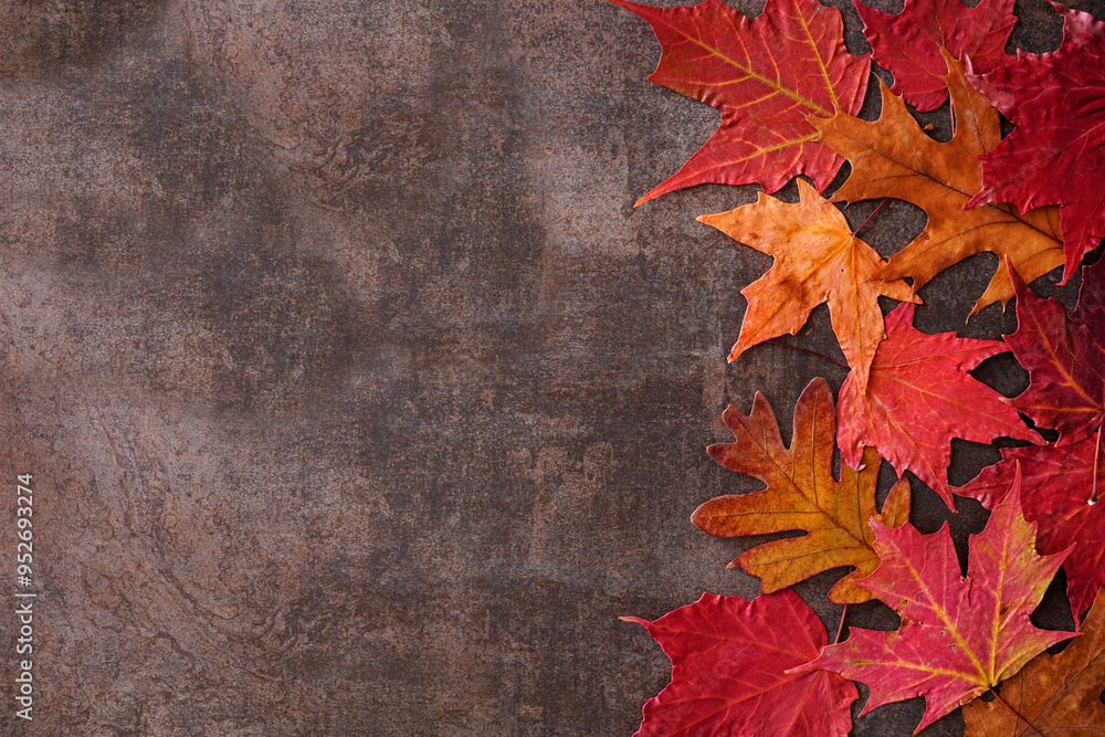 Poster colorful autumn leaves side border over a dark stone background. top down view with copy space.
