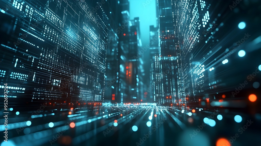 Poster futuristic financial technology landscape with blockchain network infrastructure and sleek minimalis