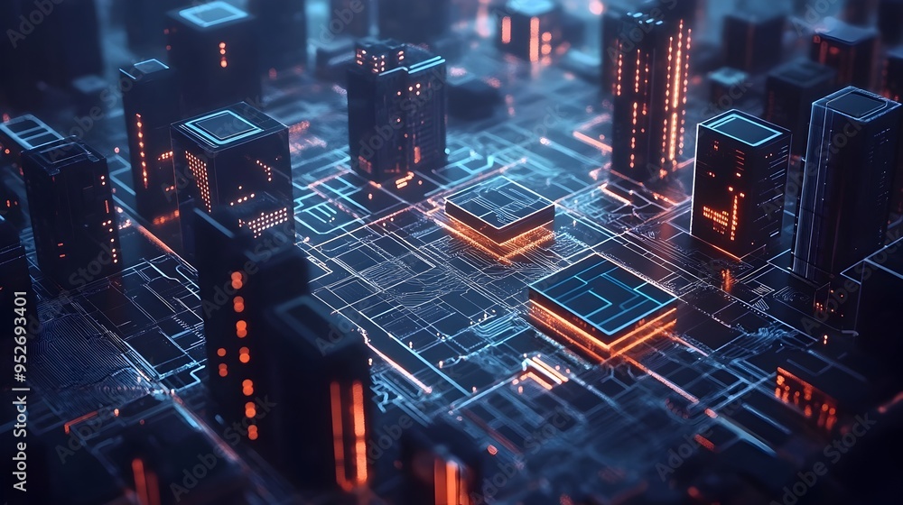 Poster futuristic financial technology landscape with advanced blockchain network and innovative applicatio