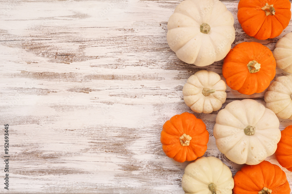 Poster autumn side border of orange and white pumpkins on a rustic white wood background. above view with c
