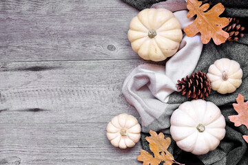 Cozy autumn side border with blanket, white pumpkins, leaves and natural decor. Overhead view over...