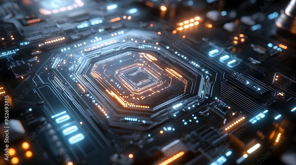 Poster futuristic financial technology interface with blockchain concepts and sleek holographic displays