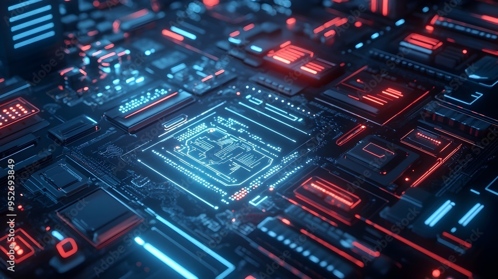 Poster futuristic financial technology interface with blockchain concepts and holographic displays