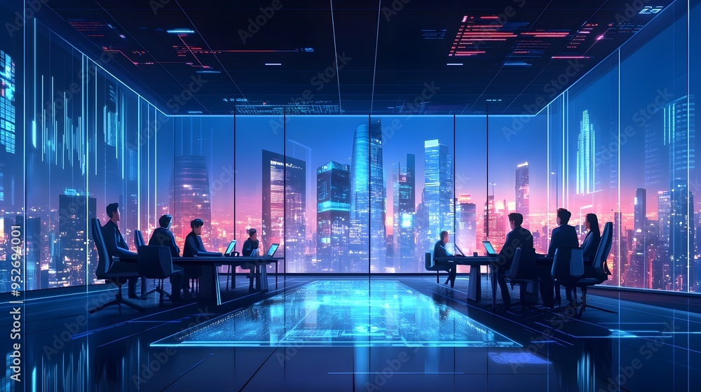 Poster pioneering blockchain startup s cutting edge fintech office with holographic data displays and colla