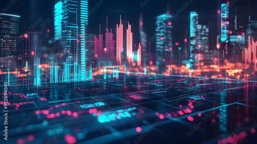 Poster futuristic financial technology landscape with blockchain data analytics and sleek digital art