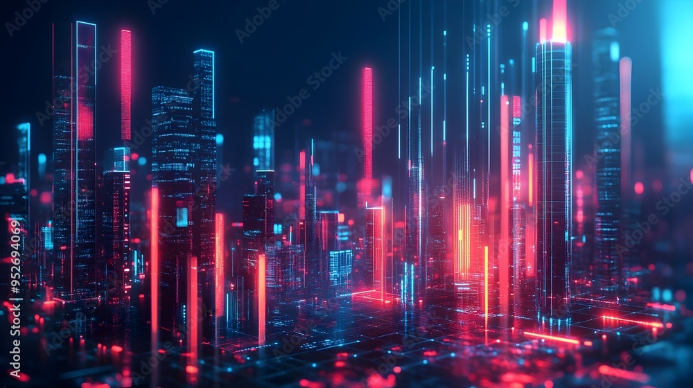 Poster futuristic financial technology landscape with blockchain data analytics and neon lit modern design