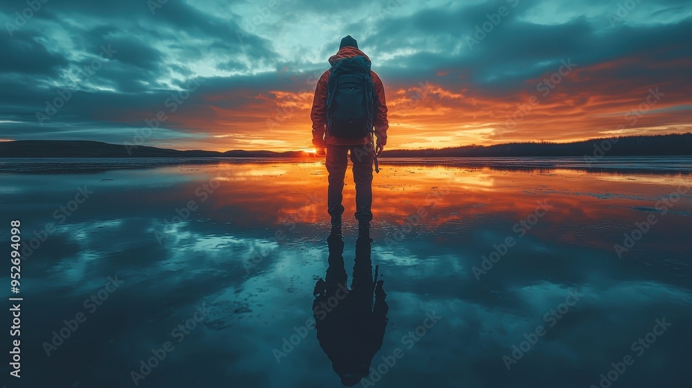 Aufkleber as the sun sets, a lone person admires the breathtaking colors reflected on the water. the tranquil 