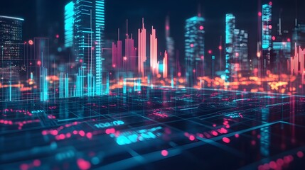 Futuristic Financial Technology Landscape with Blockchain Data Analytics and Sleek Digital Art