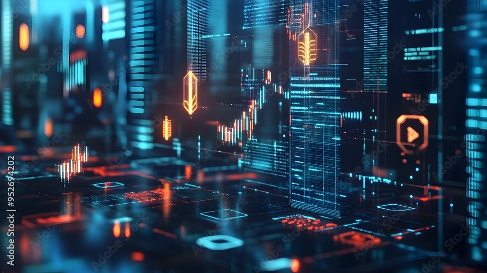 Poster innovative fintech software powered by blockchain technology with modern digital interface