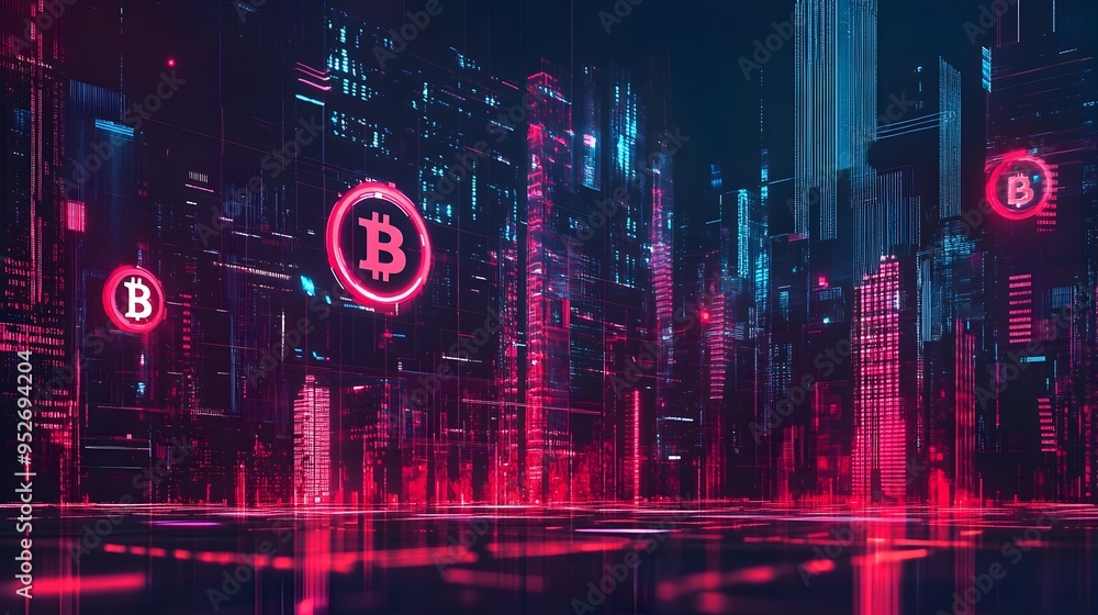 Poster innovative blockchain powered fintech software with sleek digital interface and futuristic visuals