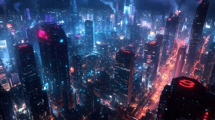 Futuristic Financial Tech Hub with Sleek Blockchain Network and Neon Lit Urban Landscape