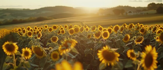 Fototapeta premium A vibrant sunflower field bathed in warm sunlight at sunset, showcasing nature's beauty and the joy of summer blooms.