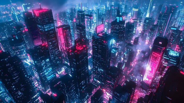 Futuristic Financial Technology Hub with Sleek Software Interfaces and Neon Lit Urban Landscape - Powered by Adobe