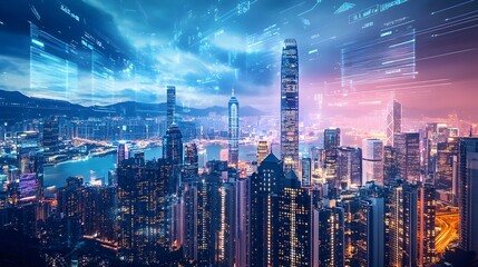 Fototapeta premium Futuristic Cityscape of Financial Technology and Blockchain Synergy Showcasing Architectural and Holographic Displays