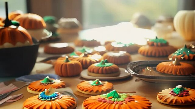  Pumpkin bread being dusted with sugar, surrounded by pumpkin rings and small pumpkins