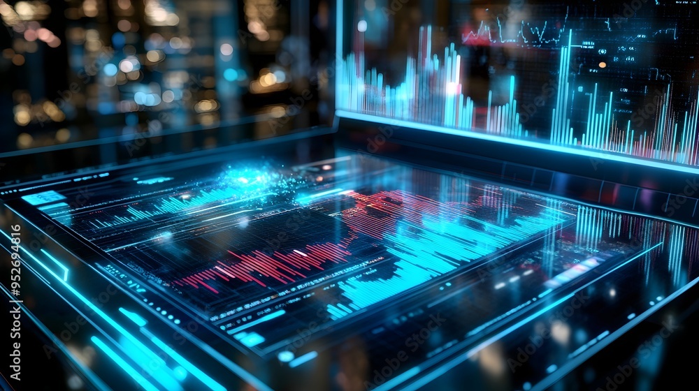 Aufkleber sleek futuristic cryptocurrency trading platform with holographic data displays and transparent user