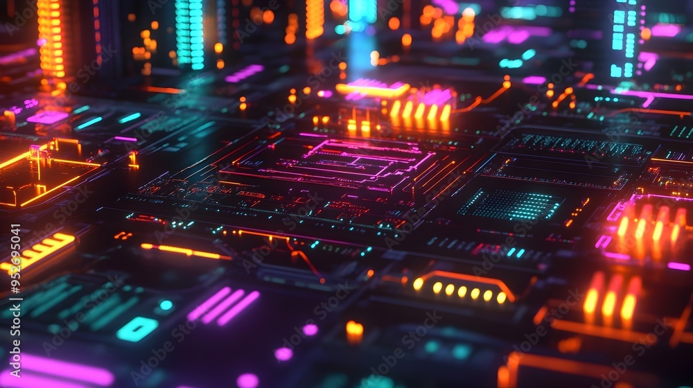 Poster futuristic financial technology interface with vibrant aesthetic and intricate circuit board pattern