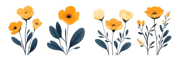 A beautiful watercolor illustration of vibrant wildflowers in shades of orange and yellow, showcasing nature's elegance and diversity. Perfect for botanical designs, art projects, and seasonal decorat