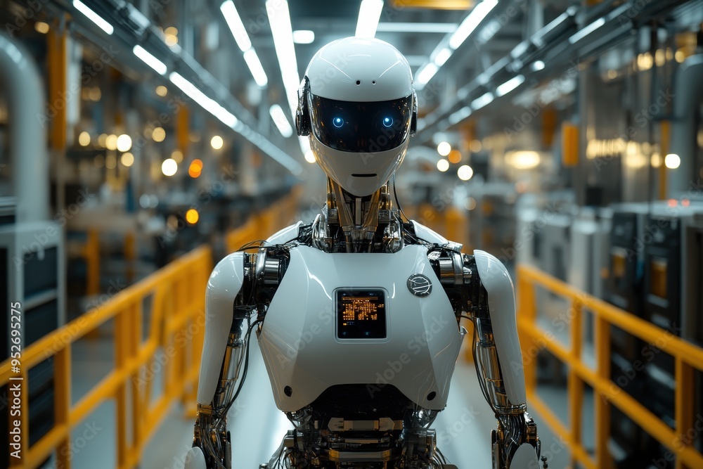 Aufkleber A humanoid robot with a sleek design is positioned in a state-of-the-art manufacturing facility. Bright lights illuminate the surroundings, emphasizing the advanced technology in use
