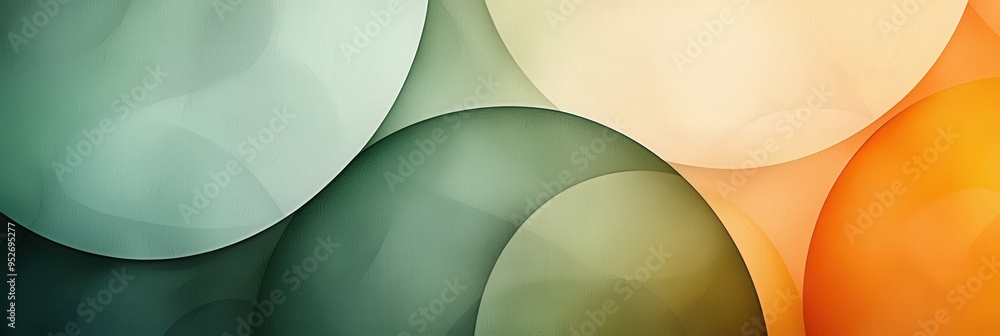 Poster Layered spheres in green  colors interact on a smooth backdrop, creating an abstract visual effect. The design emphasizes depth and harmony through its gentle color palette