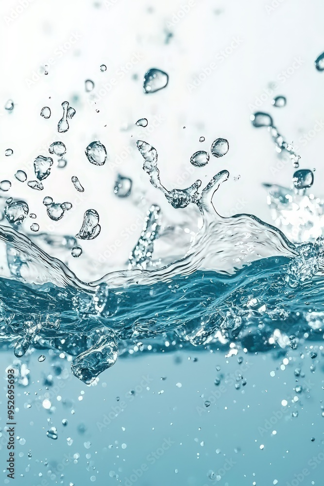 Poster droplets of clear water leap into the air, creating a captivating display of splashes against a whit