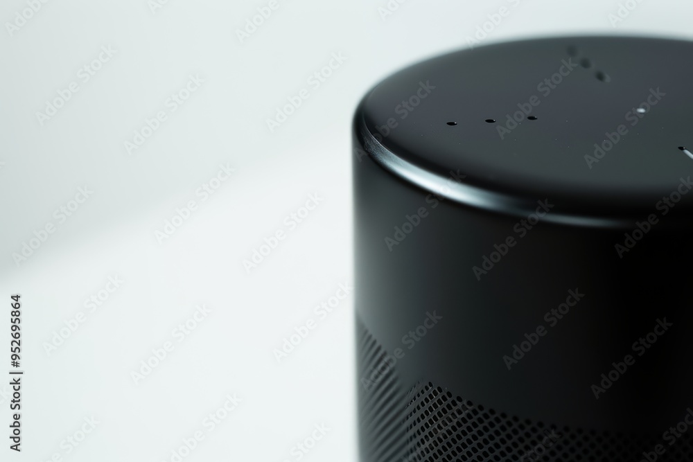 Poster close-up of a modern black smart speaker on a minimalistic surface. ideal for technology and home au
