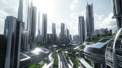 Obraz premium Futuristic Cityscape with Modern Architecture and Green Spaces