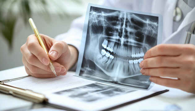 Dentist analyzing a dental x-ray and taking notes for diagnosis