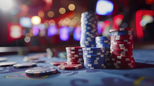 Colorful poker chips stacked on a casino table with a blurred background, showcasing the excitement of gambling.