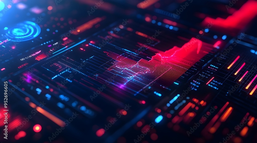 Poster futuristic financial technology data dashboard with cryptocurrency analytics visualizations