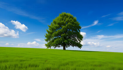 Fototapeta premium A tree in grass field with blue sky and beautiful nature landscape. Generative AI