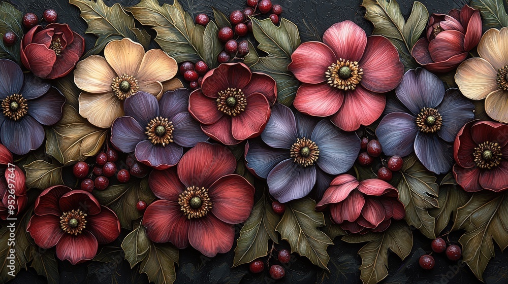Poster A vibrant display of intricately Christmas flowers and foliage showcases an array of colors and textures, highlighting the artistry of floral design against a dark backdrop