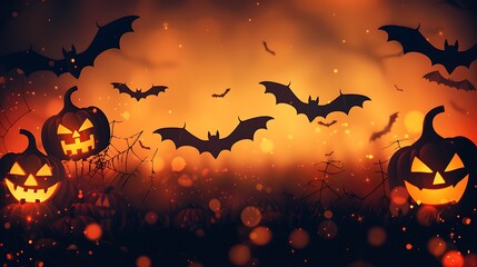 Halloween night background with bats flying and glowing Jack O' Lanterns, perfect for a spooky poster with space for your text