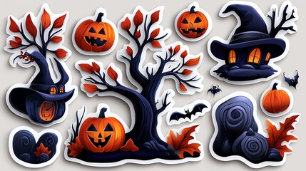 Colorful Halloween stickers featuring pumpkins, a witch hat, bats, and spooky trees to enhance festive decorations.