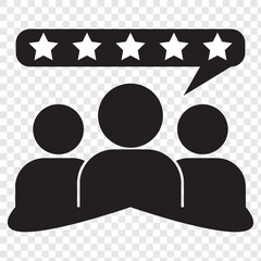 Five star reviews icon. Group of three satisfied customers. Black symbol on transparent background vector illustration.