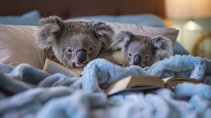 Obraz premium Two cozy koalas lounging on a bed, reading a book together under a soft blanket, creating a warm and adorable scene.