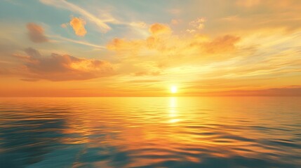 Golden sunset over a calm sea with glowing orange horizon and serene reflections on tranquil waters