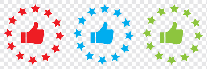 Customer satisfaction icon. Quality review feedback with stars. Rate best service with thumb up hand. Client service review. Rate customer satisfaction, high quality. User feedback stars. Vector