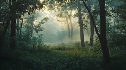 Obraz premium Ethereal Misty Forest Landscape Shrouded in Diffused Natural Lighting