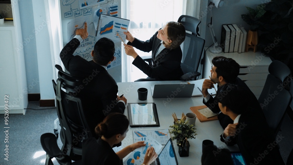 Poster top view of smart manager compare chart between board and paper while planning startup project with 